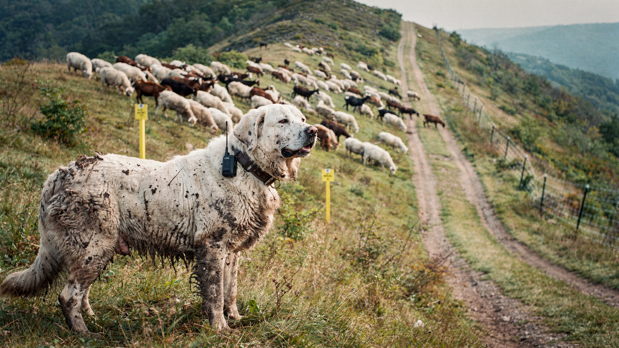 Maremma guardian dog watching over herd on pipeline ROW